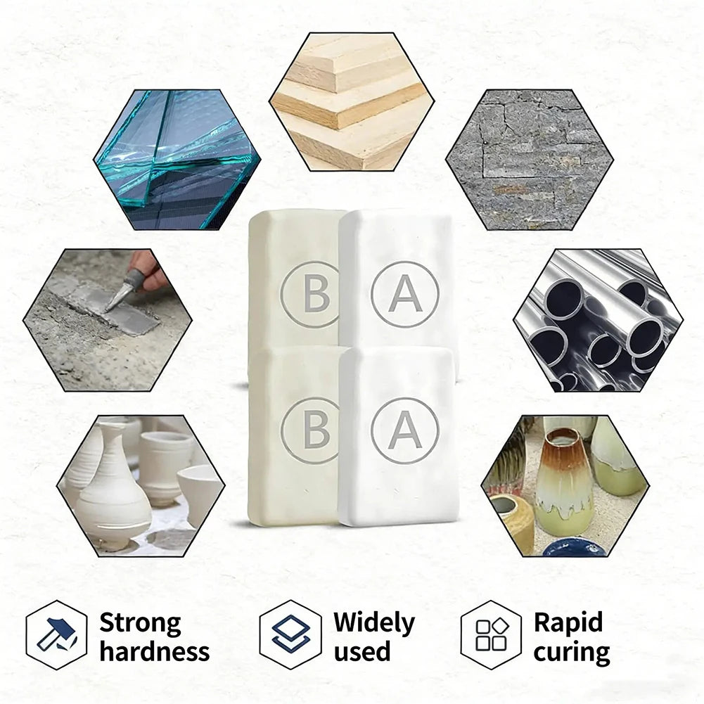 A set of white epoxy putty blocks demonstrating strong hardness, wide usability, and rapid curing for crack repair.