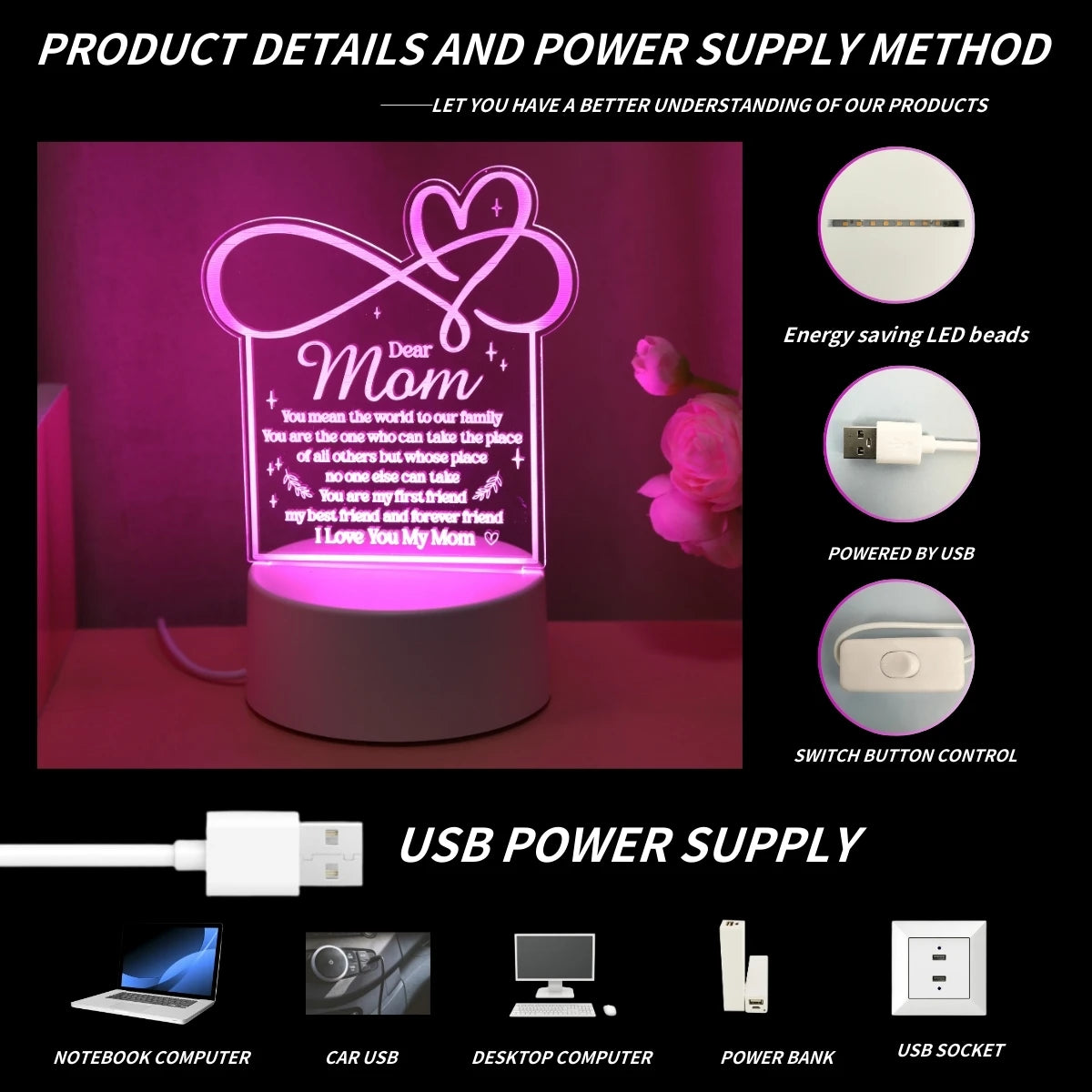 A decorative night light shaped like a heart with a message, powered by a USB cable.