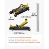 A yellow and black heavy-duty hydraulic floor jack with various dimensions shown.