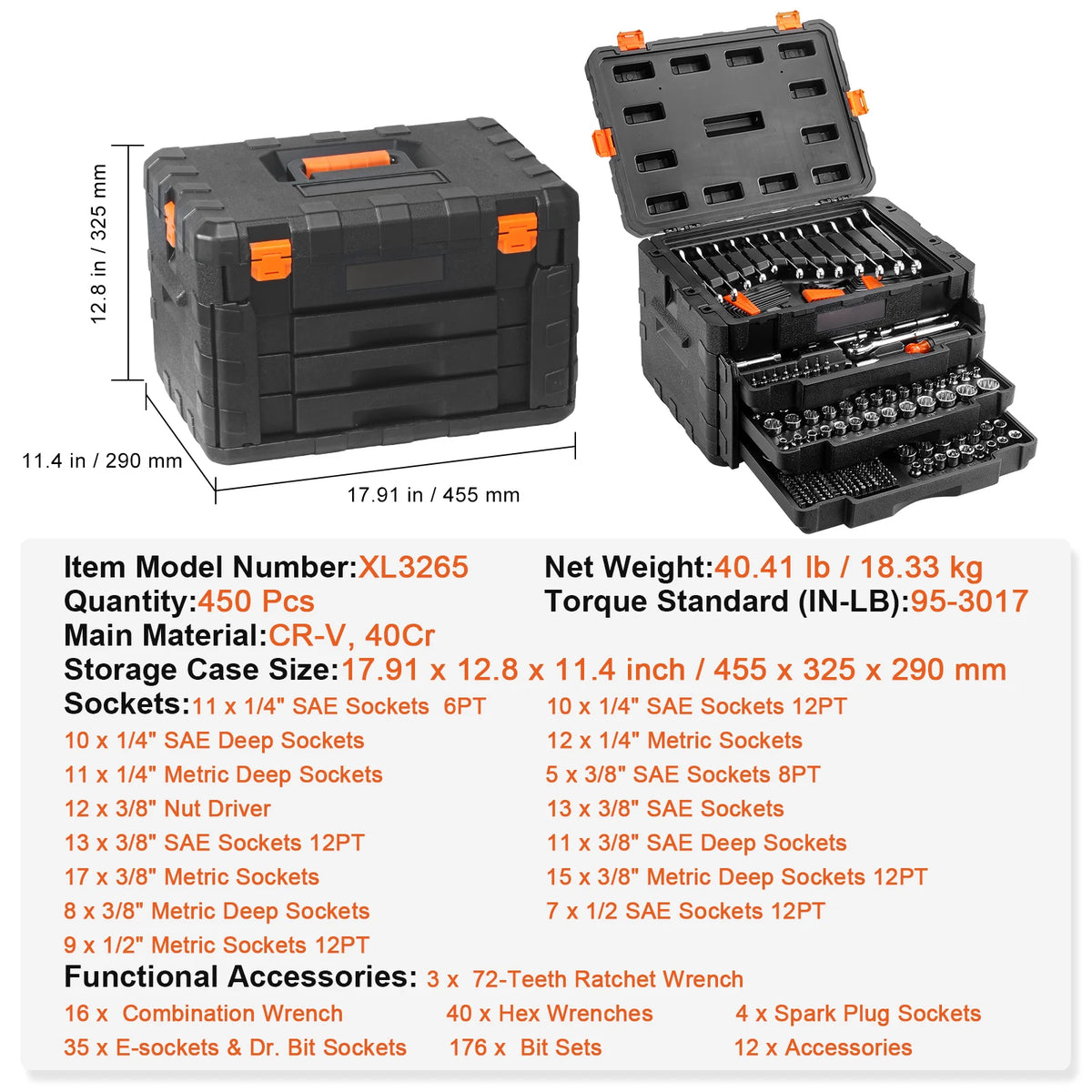 A black professional mechanic tool set featuring various drive and SAE sockets and accessories.