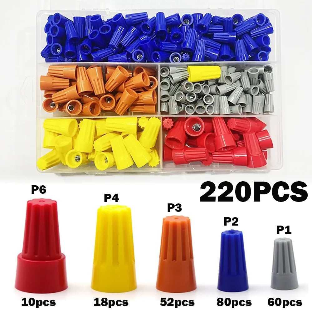 Assortment of blue, orange, yellow, and red insulated wire connector nuts for electrical wiring