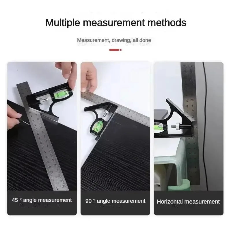 A set of precision stainless steel tools demonstrating various measurement methods including 45, 90 degree angles, and horizo