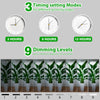 Pantalla que muestra tres ajustes de tiempo (3, 9 y 12 horas) y nueve niveles de atenuación para una lámpara de cultivo LED d