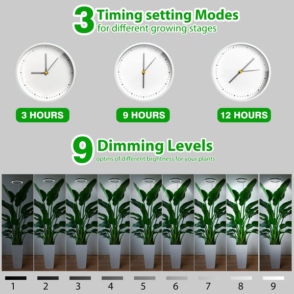 A display showing three timing settings (3, 9, and 12 hours) and nine dimming levels for a full spectrum LED grow light.