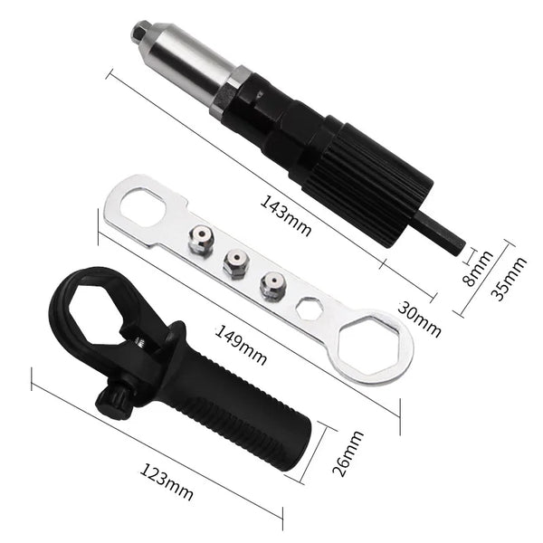 A professional electric rivet nut gun with a black handle and silver riveting tool shown in various dimensions.