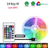 A flexible RGB LED strip light is shown with a control panel and various color options.