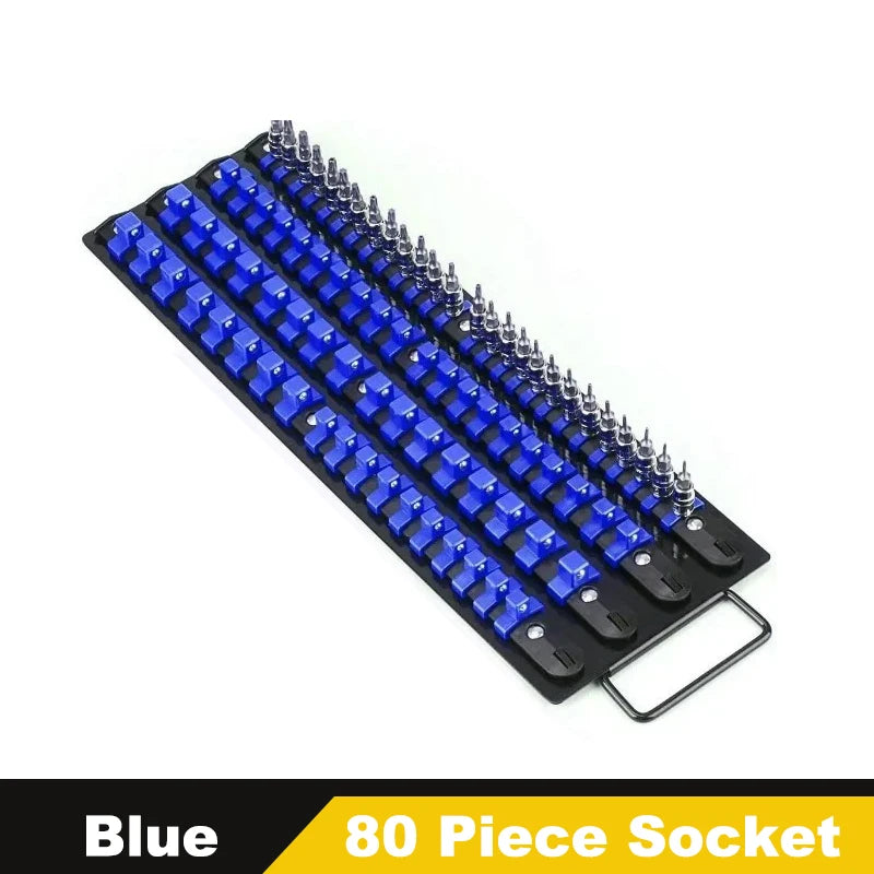 Blue heavy duty multi-size socket organizer rack with 80 individual sockets
