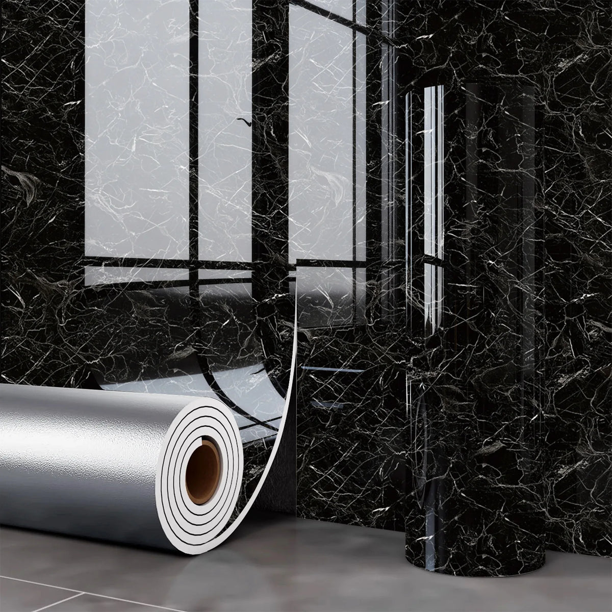 Roll of silver marble wall decals against a black marble background.