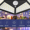 A close-up view of a modern outdoor security light fixture with multiple LED panels and various features listed below.