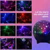 A black galaxy projection night light illuminates a room with colorful star patterns and light beams.
