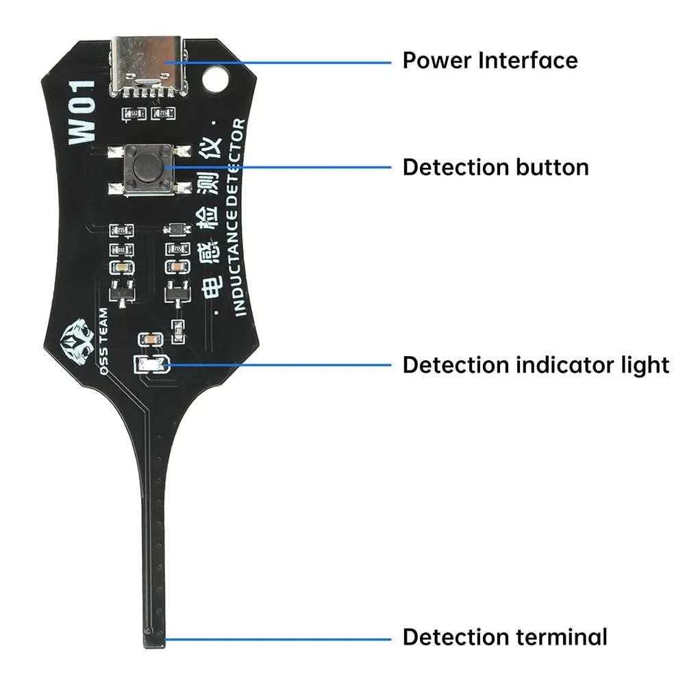 A close-up view of a W01 non-contact fault detection tool with various terminals and a detection button.