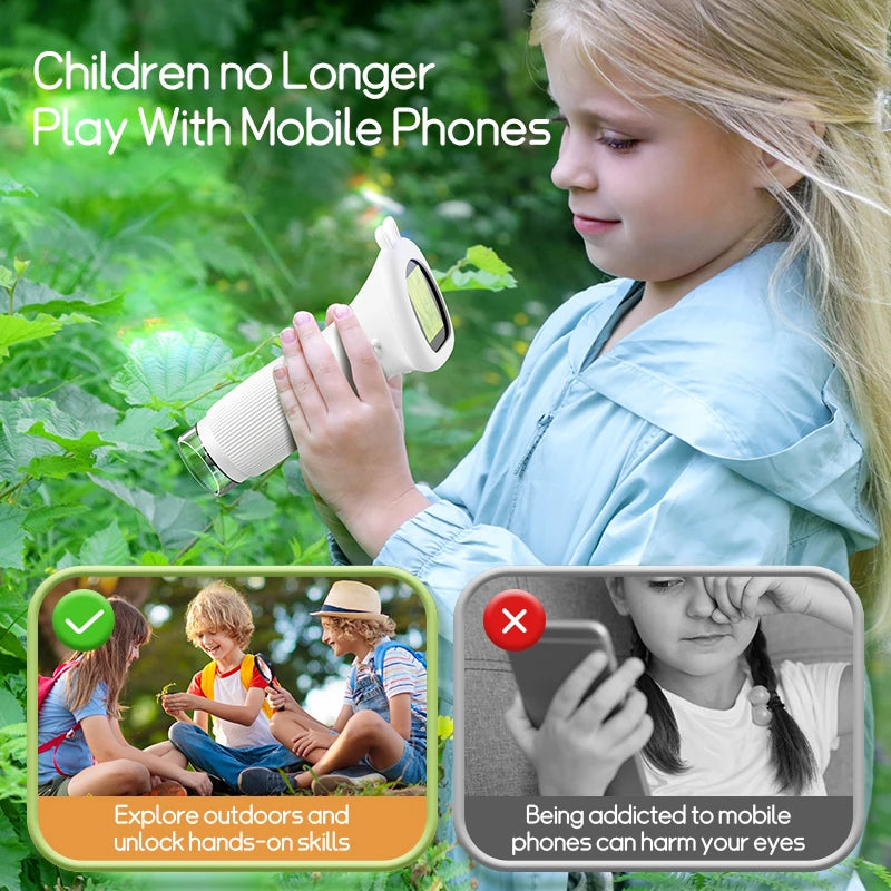 A young girl is using a pocket digital microscope for kids outdoors, with text warning about mobile phone use.