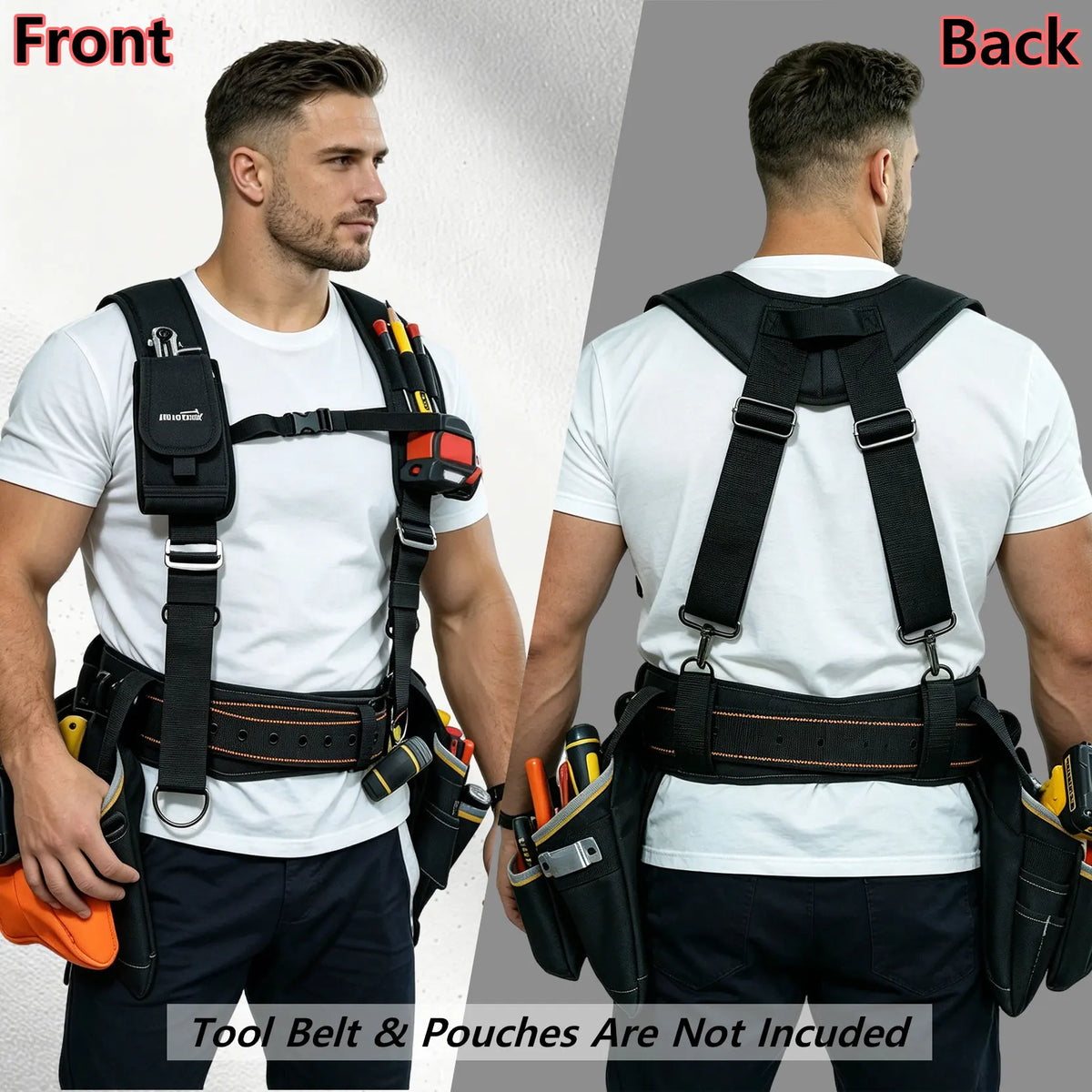 Front and back views of heavy-duty tool belt suspenders with phone holders worn by a man.