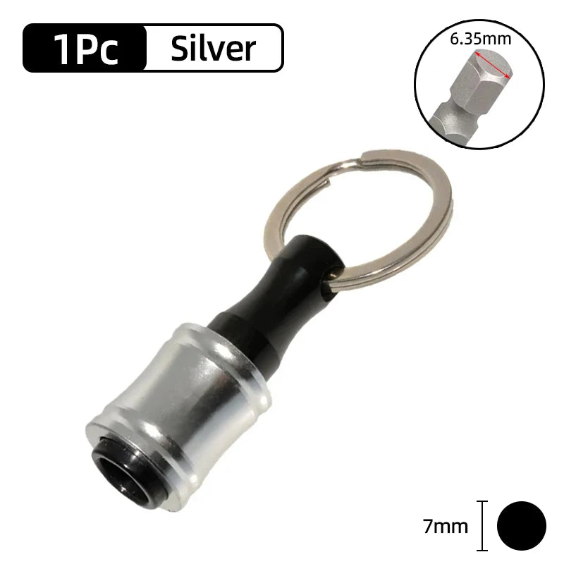 Silver 1 piece screwdriver bit holder with a black handle and hexagonal tip