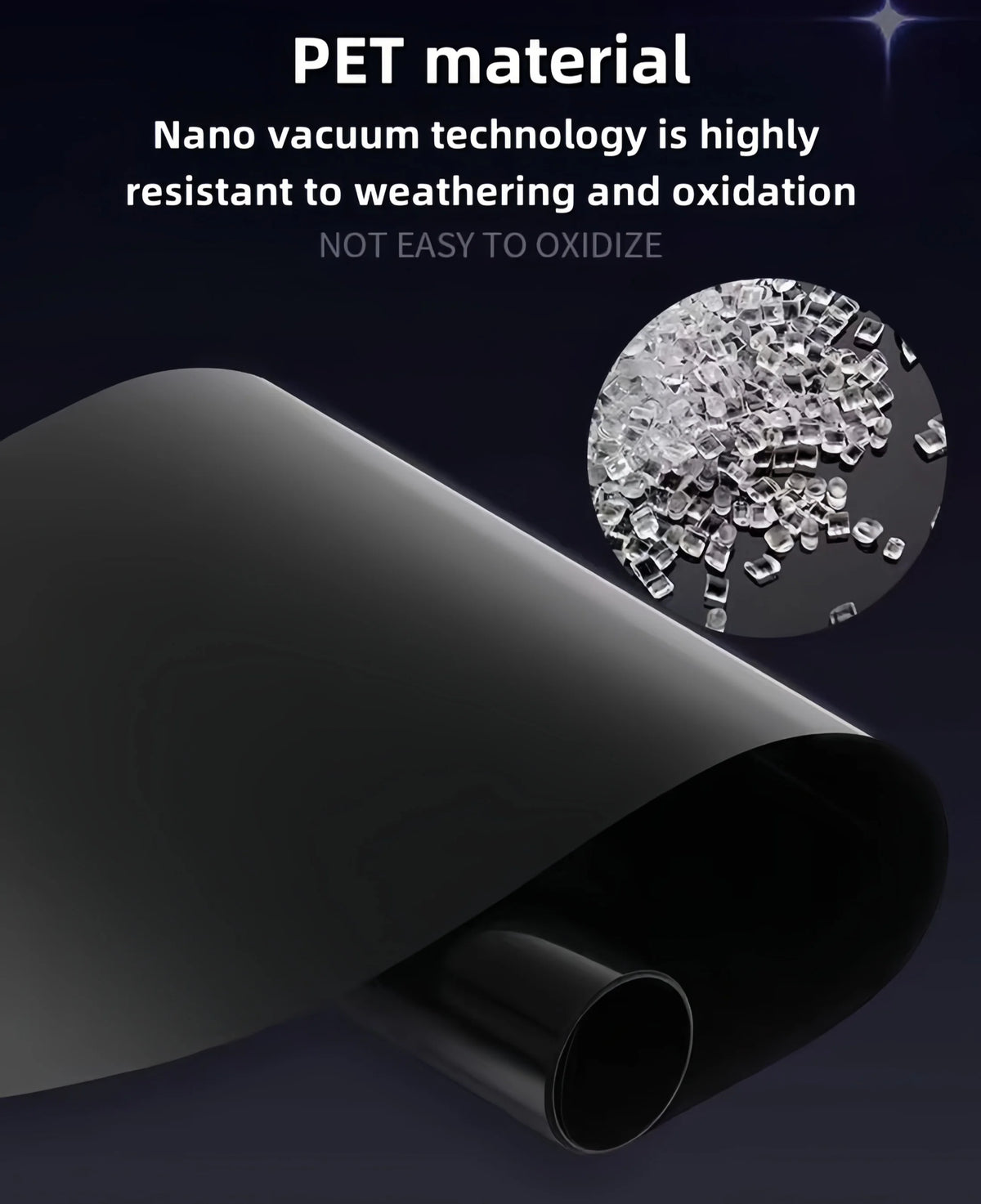 Roll of black opaque self-adhesive window film with a magnified view of its PET material structure