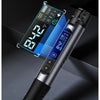 A black cordless soldering iron with a digital display showing temperature and settings.