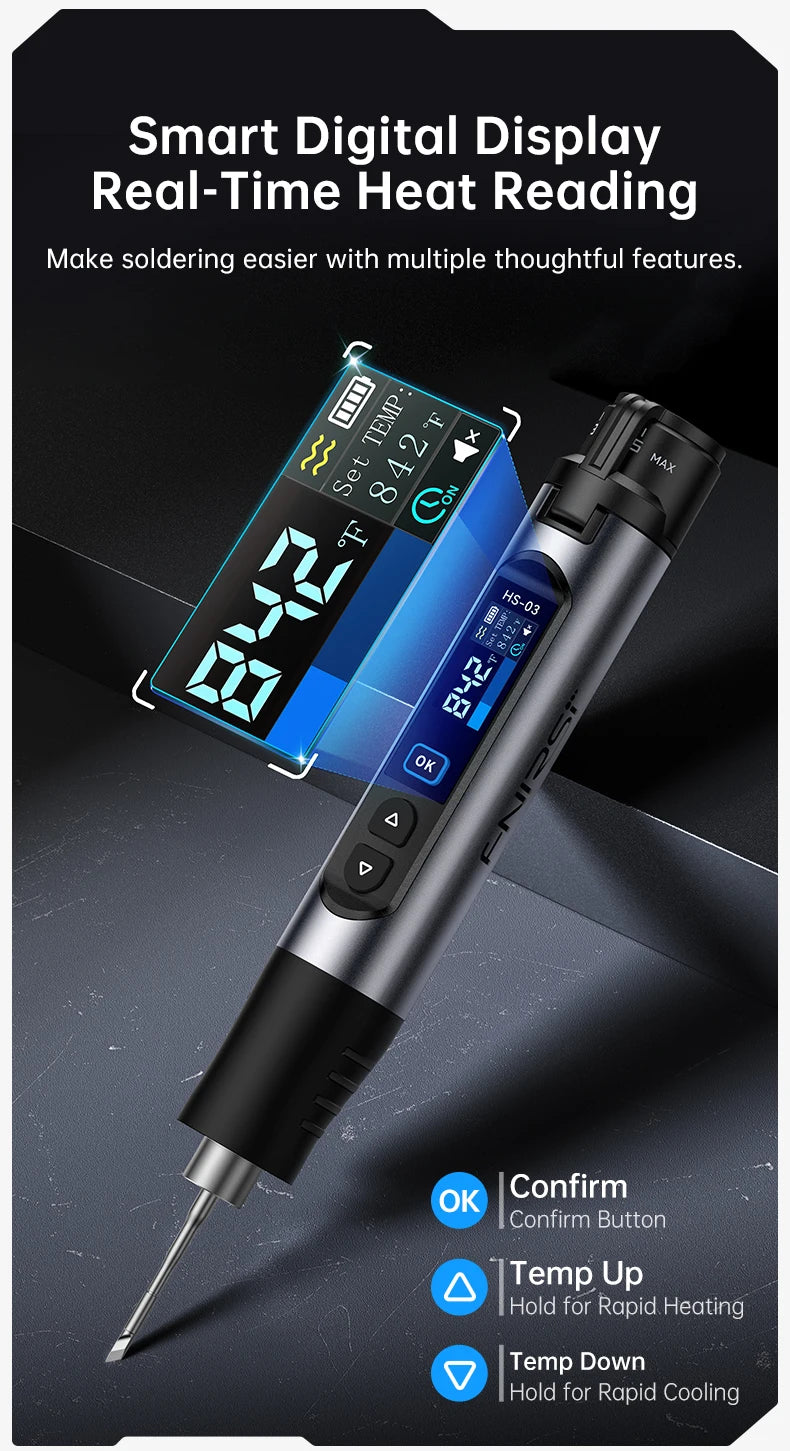 A black cordless soldering iron with a digital display showing temperature and settings.