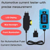 A blue automotive current tester device with an LCD display, blue backlight, and front illumination, shown next to its cable.