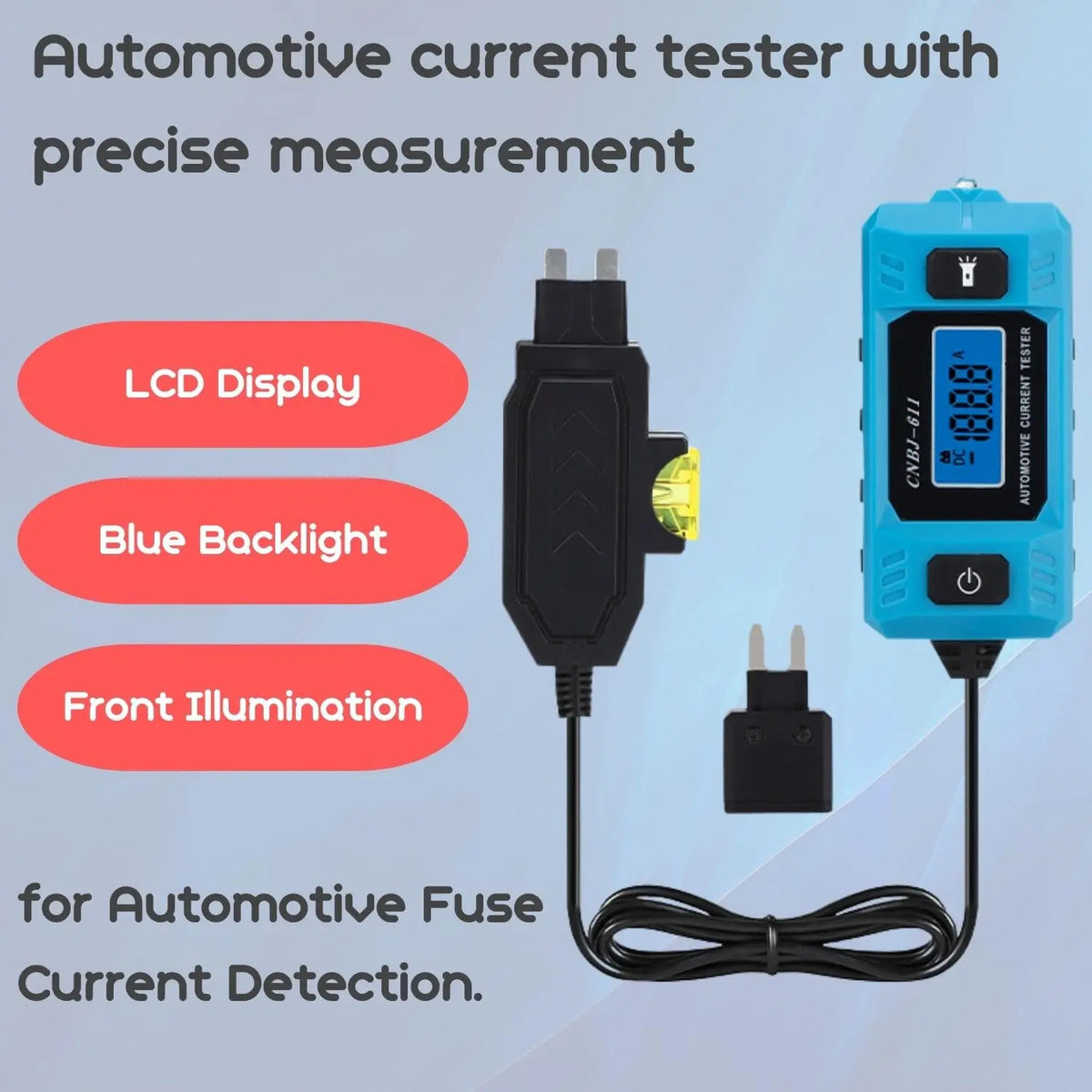 A blue automotive current tester device with an LCD display, blue backlight, and front illumination, shown next to its cable.