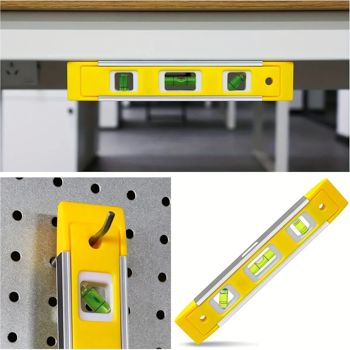 A yellow precision magnetic box level is shown in two views, demonstrating its use for measuring or aligning objects.