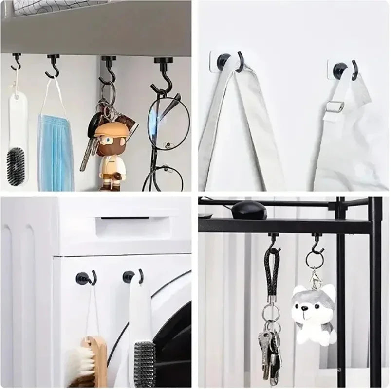 A set of six magnetic hooks used for hanging items, including various shapes and sizes.