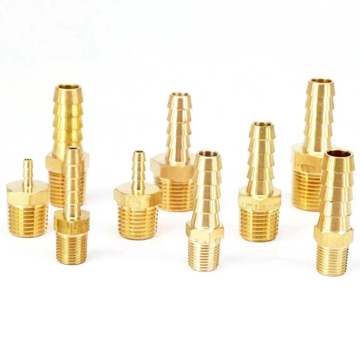 A collection of brass fuel fittings hose adapters of various sizes and lengths.
