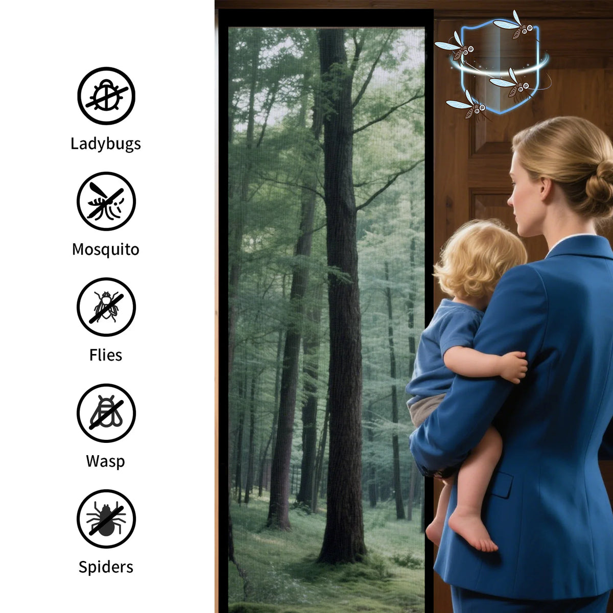 A woman holds a baby in a blue jacket while standing in front of a wooden door with a magnetic fiberglass screen visible.