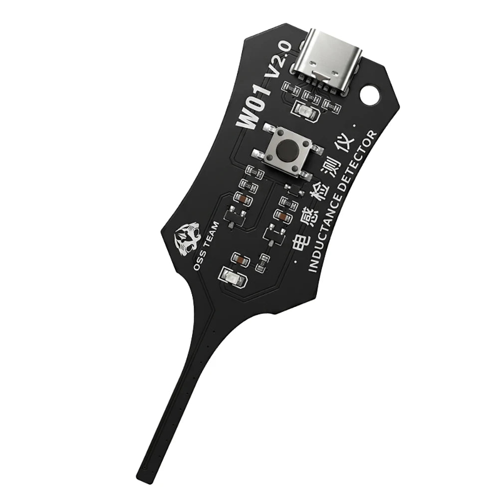 A black electronic device labeled W01 V2.0 with a silver connector and text indicating an inductance detector.