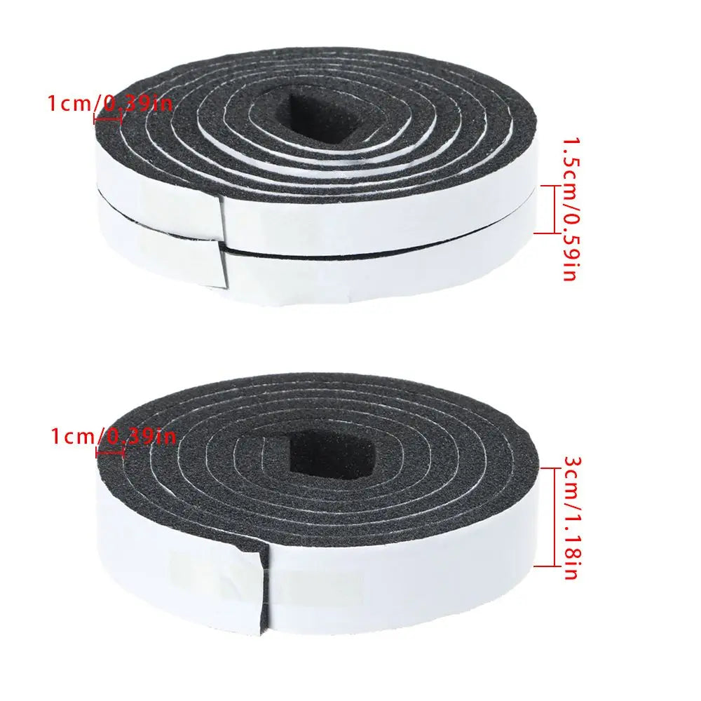 Roll of black self-adhesive foam weather stripping tape with various width options.