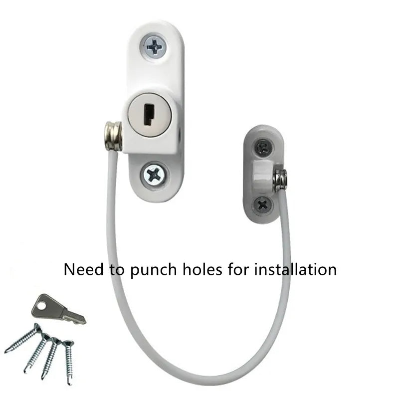 A white adjustable cabinet and window safety lock with a flexible cord and mounting hardware.