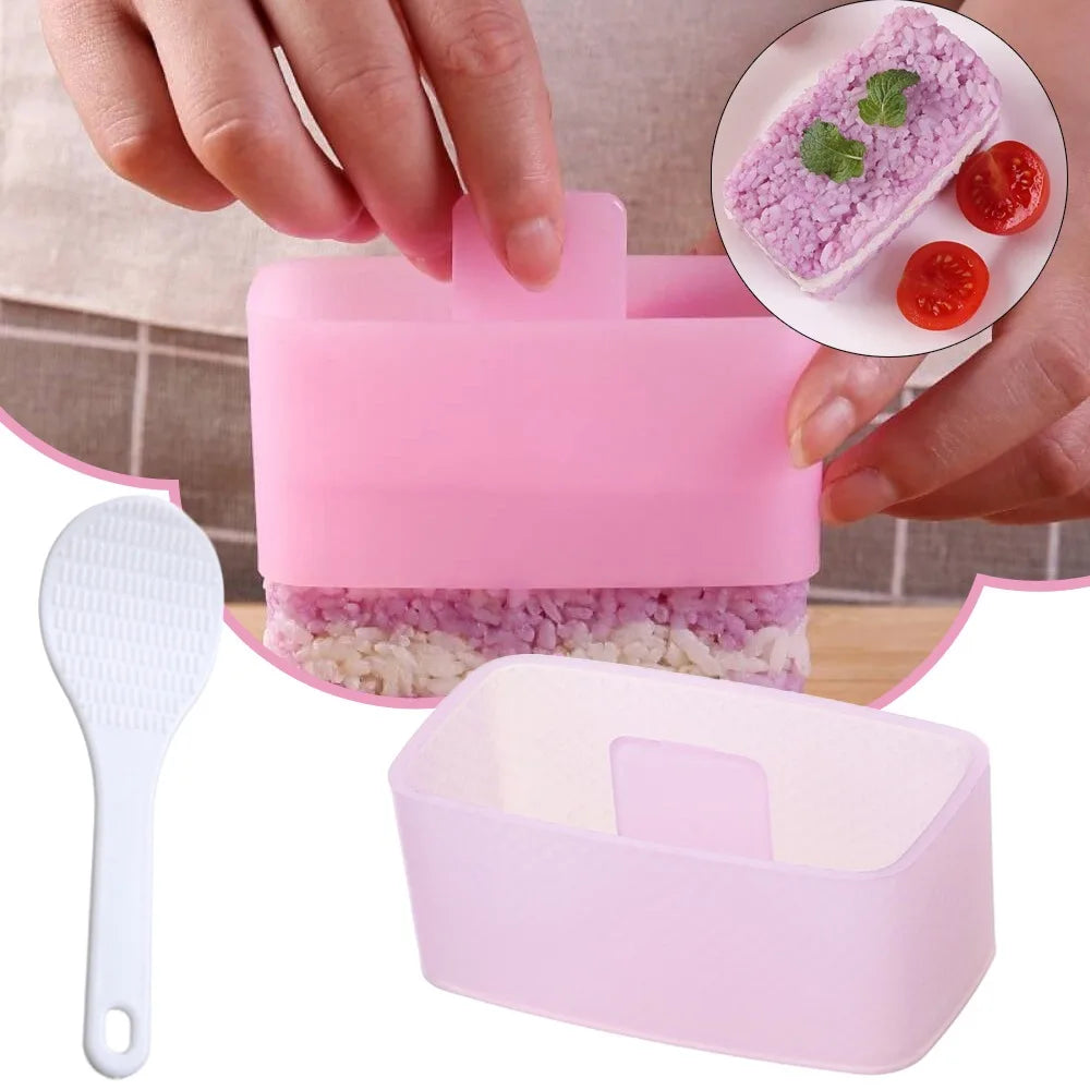 A pink silicone mold for making sushi and onigiri, shown with food items and a spatula.