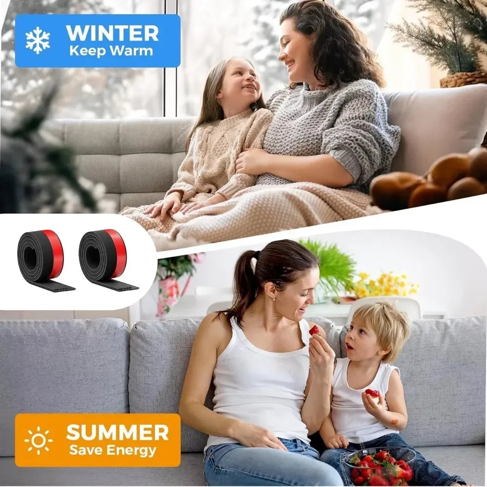 A woman and a child are sitting on a couch with a door draft stopper product shown in close-up.
