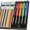 A set of precision carpenter pencils with various colored refills displayed in a plastic case.