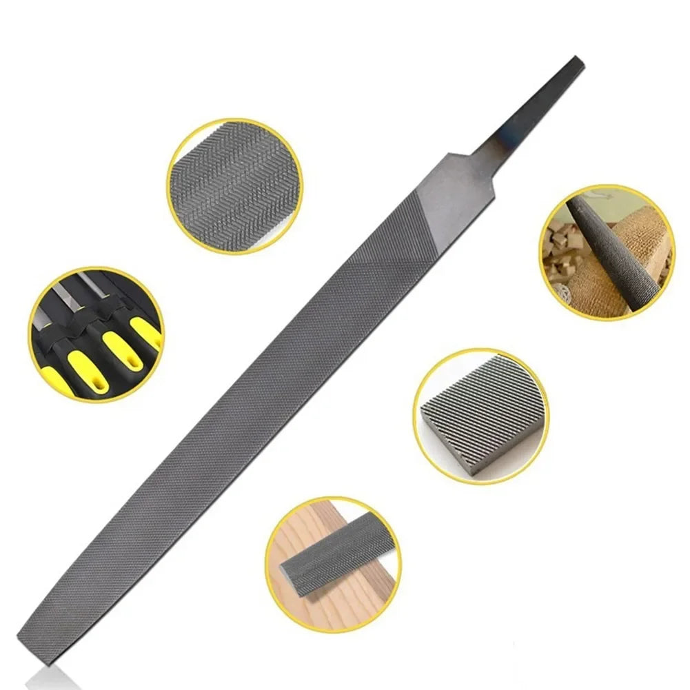 A flat diamond file is shown with various sanding pads and accessories for woodworking and metalwork.