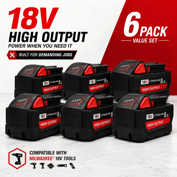 Six 18V high output lithium-ion replacement batteries in a pack for Milwaukee tools.