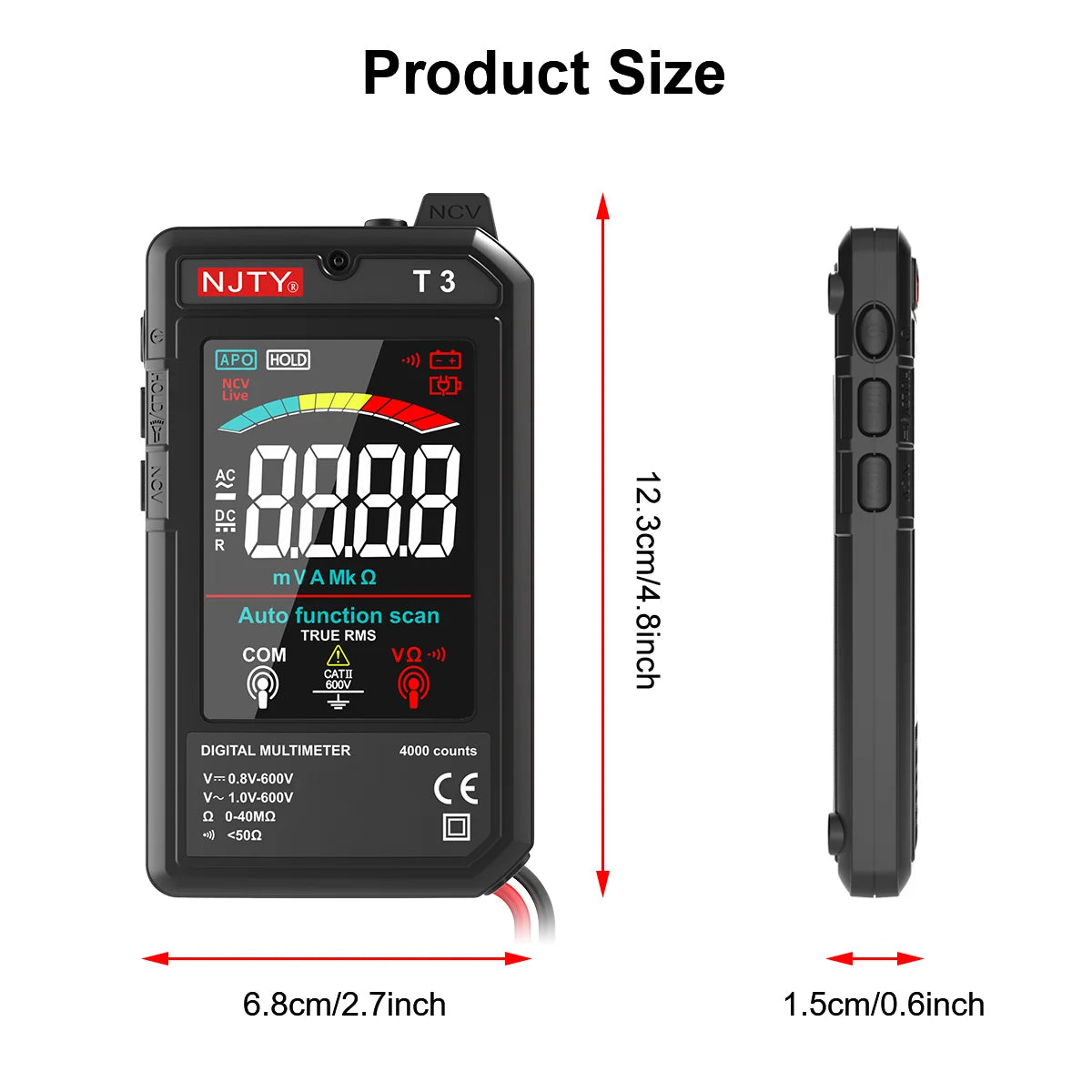A black digital multimeter with NCV detection and live wire test features is shown alongside its dimensions.