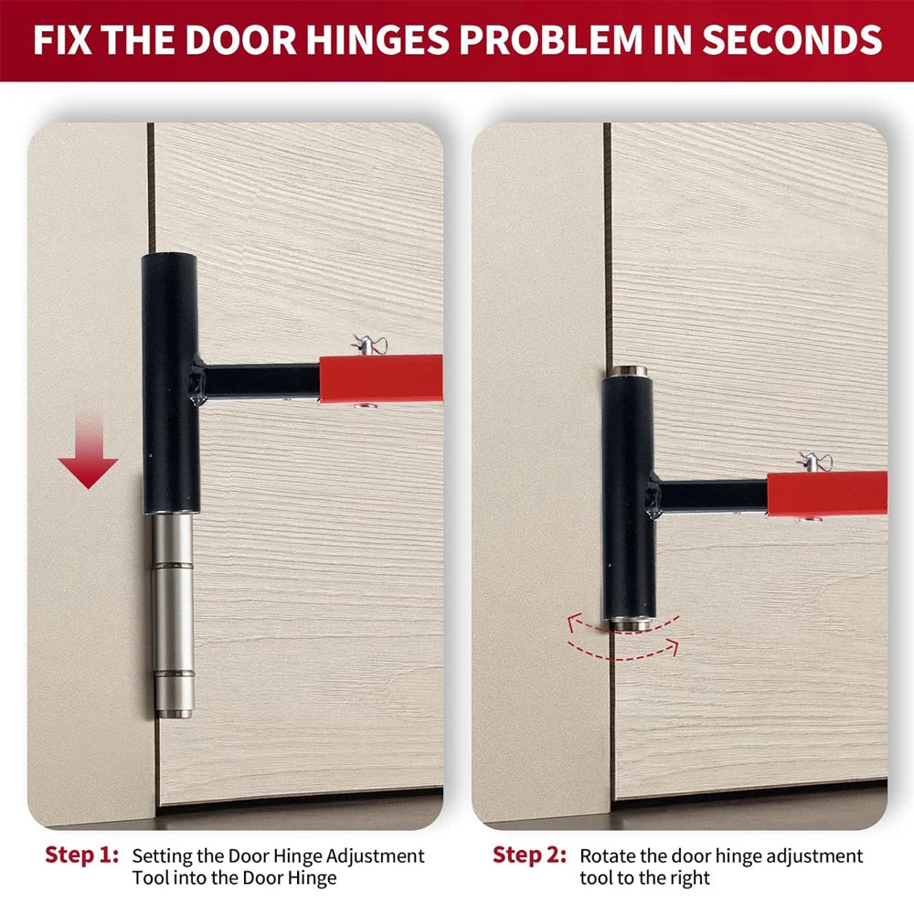 Diagram showing how to fix door hinges by rotating the adjustment tool into the hinge.