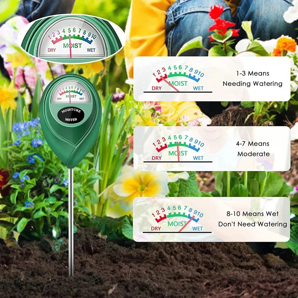 A portable soil moisture meter with a green probe and color-coded scale indicating dryness or wetness for gardening.