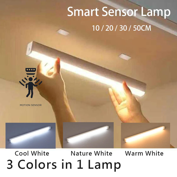 A hand illuminates a Smart Sensor Lamp with three color options: Cool White, Nature White, and Warm White.