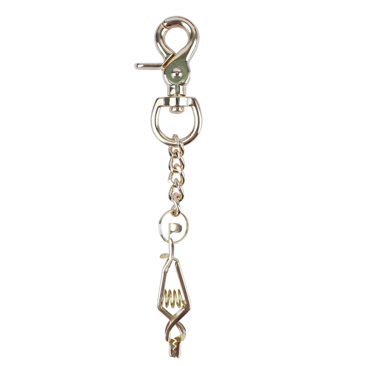 A heavy duty metal glove clip featuring a split ring and a decorative pendant.
