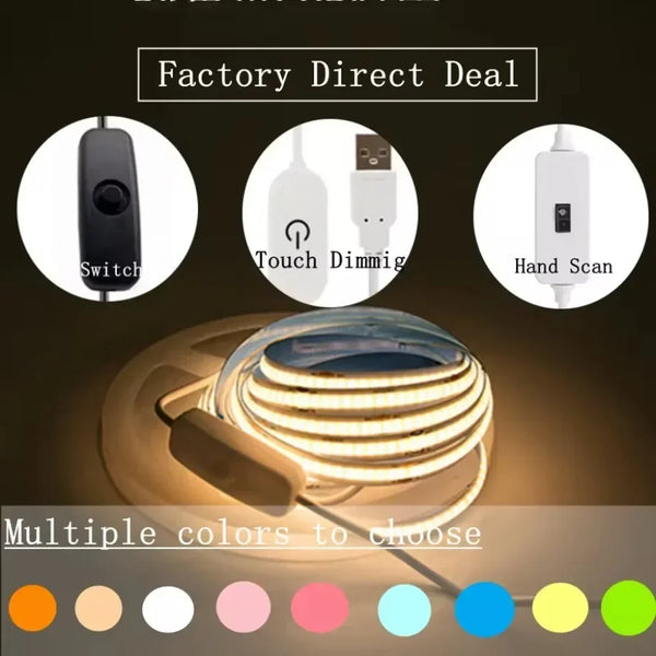 Factory direct deal featuring a multi-color dimmable USB LED strip light with switch and hand scan controls