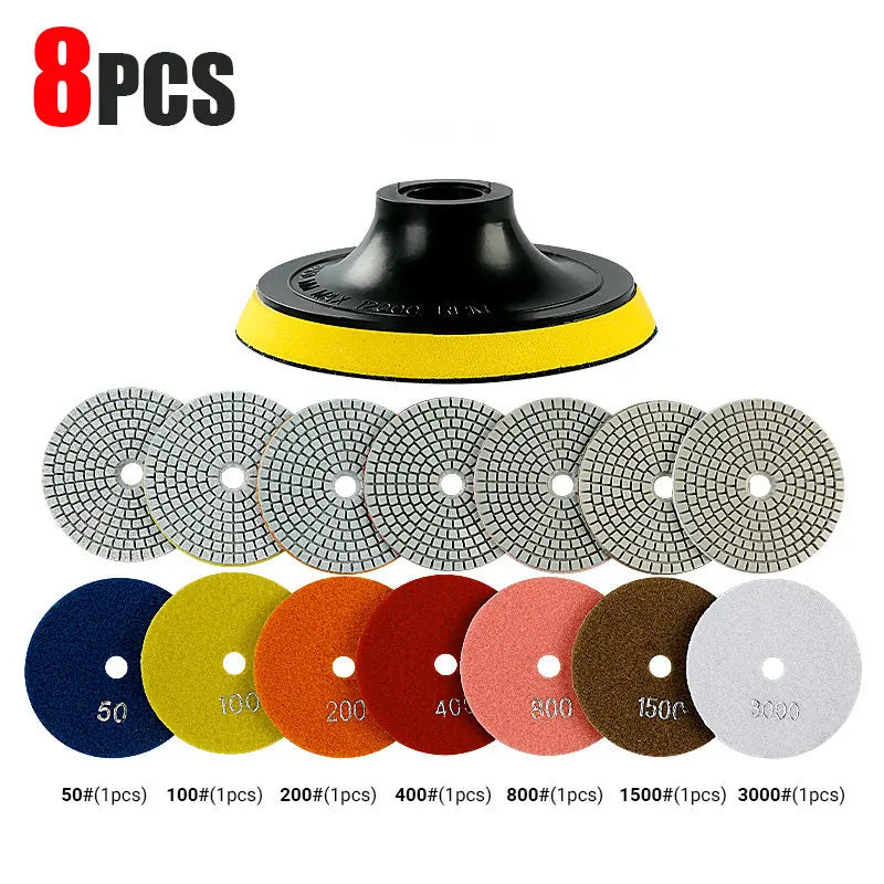 Eight pieces of diamond water polishing pads for stone restoration in various colors and grits.