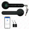 A black smart fingerprint door lock with a key, showing the electronic keypad and physical key.