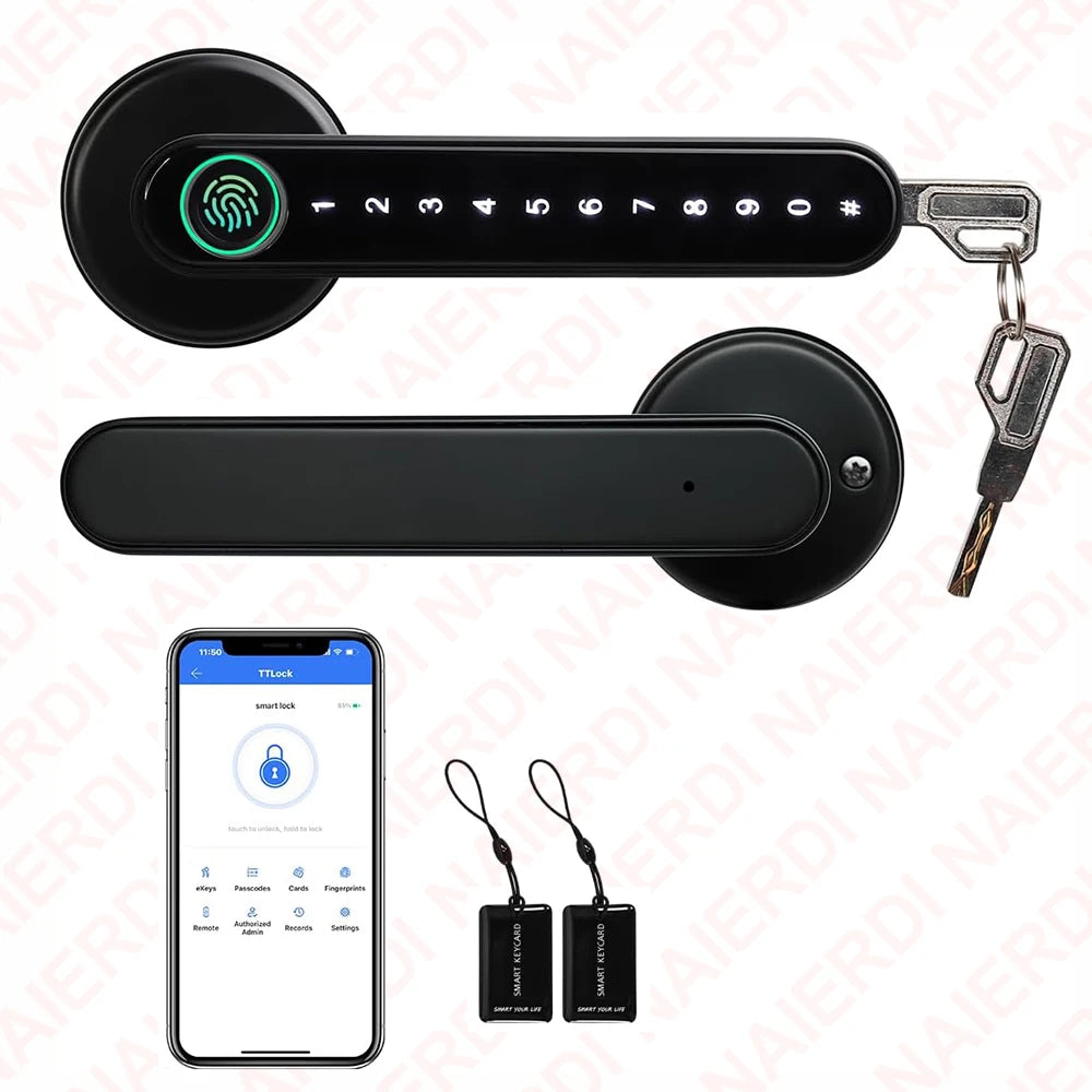 A black smart fingerprint door lock with a key, showing the electronic keypad and physical key.