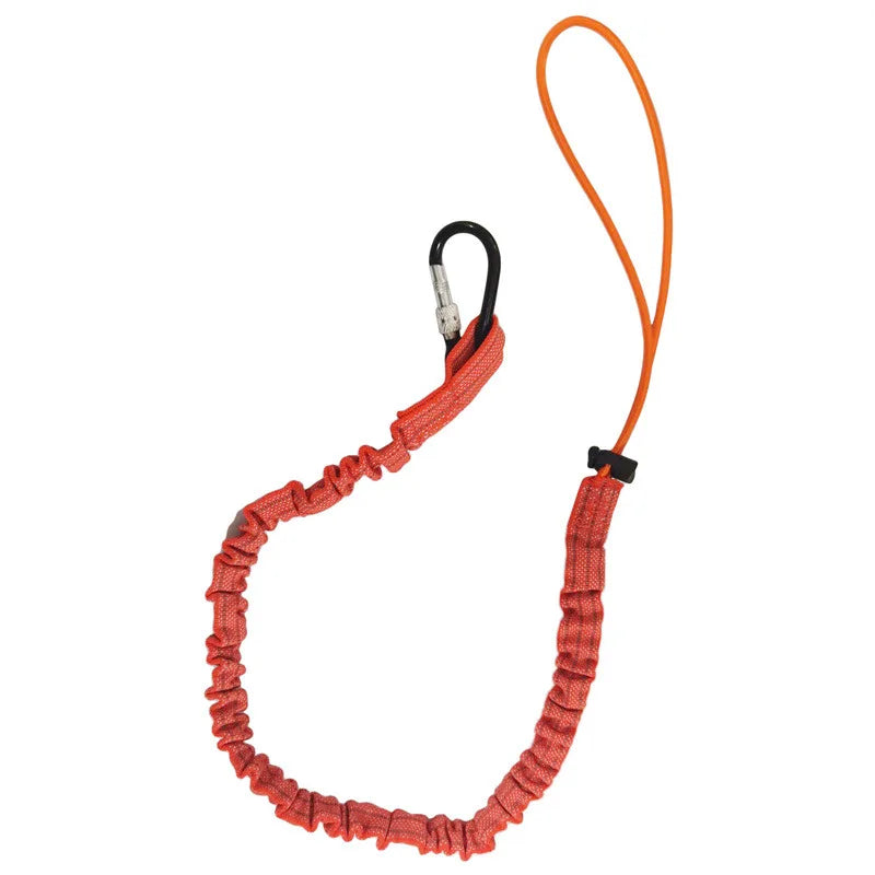 An adjustable orange elastic tow rope with a black connector and red fabric for mountain biking.