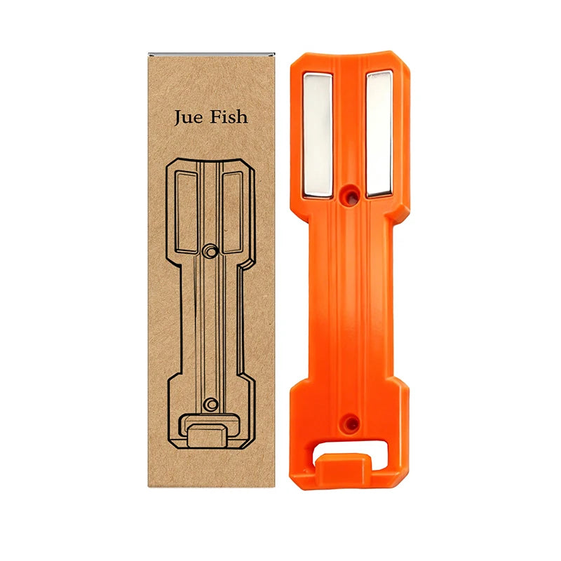 An orange magnetic spray can holder with a cardboard insert showing the design.