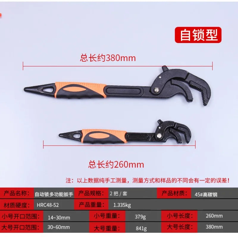 A set of two black and orange adjustable steel wrenches shown against a white background.