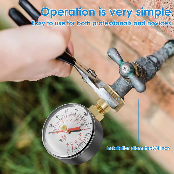 A hand is using a precision water pressure test gauge to measure water pressure on a pipe, demonstrating easy operation.