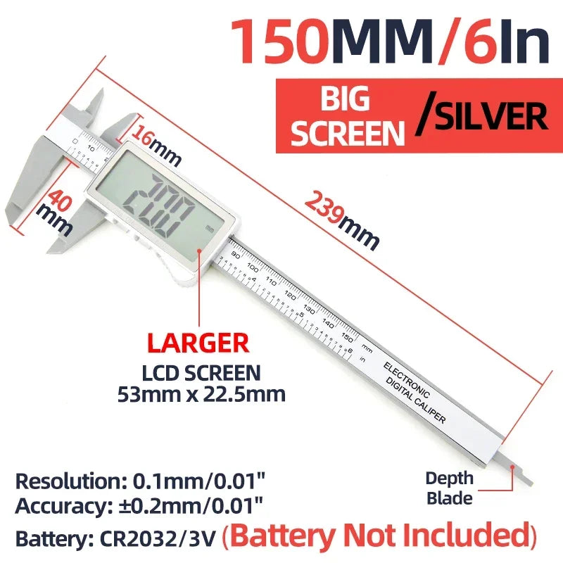 Silver 150MM digital caliper with a large screen and depth blade shown next to a ruler.
