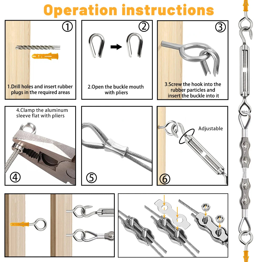 Instrucciones de operación para usar un kit de cuerda de acero inoxidable para perforar y sujetar.
